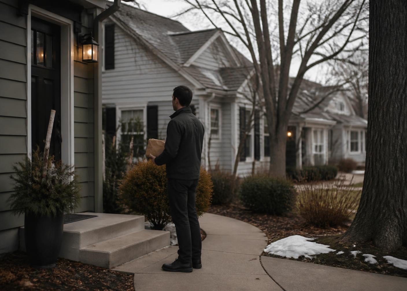 A courier making a discreet doorstep cannabis delivery at a Minnesota home