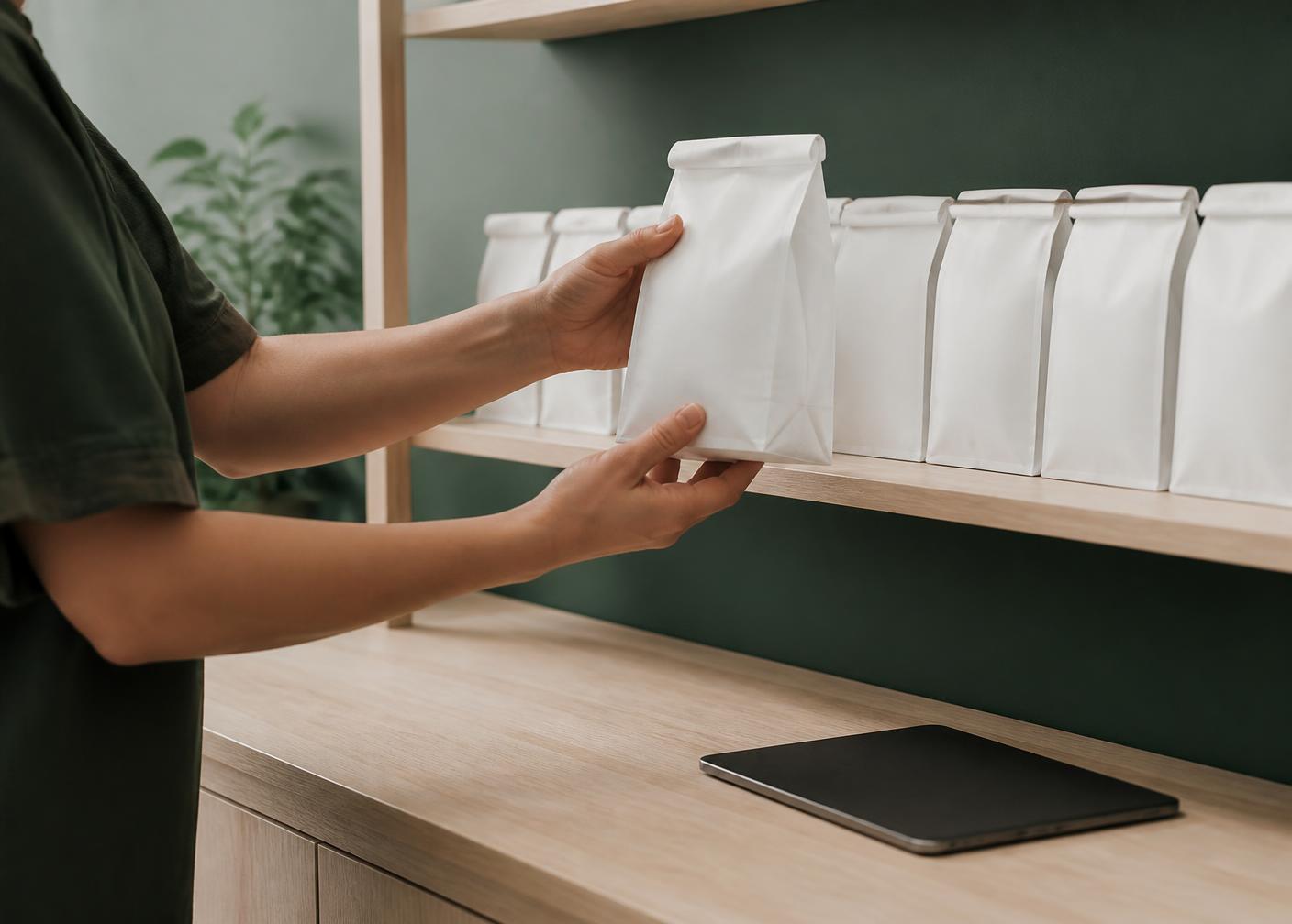 Sealed cannabis delivery orders staged on a clean retail prep counter
